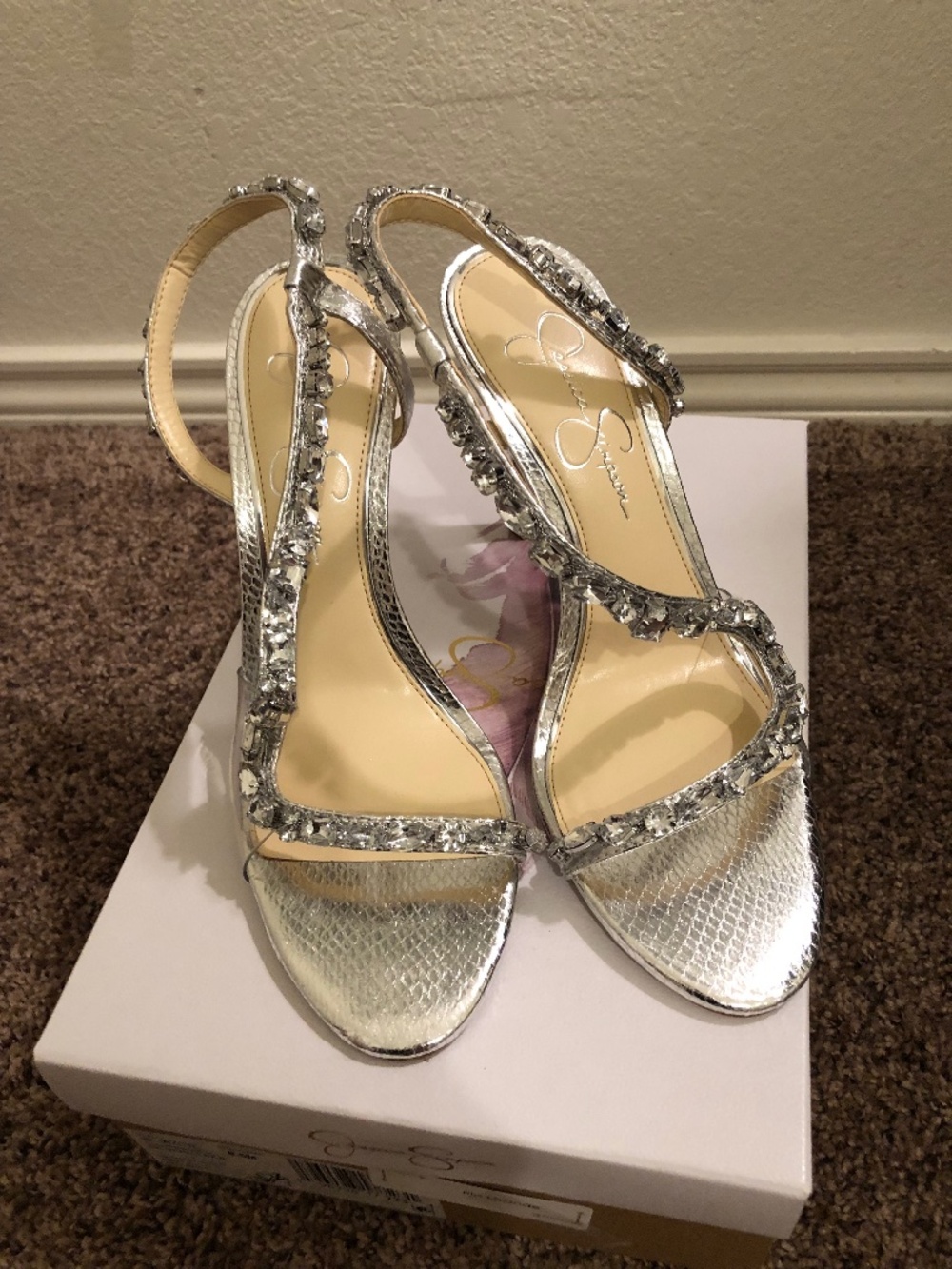 Jessica Simpson Silver Jeweled Snake-Texture Heeled Sandals